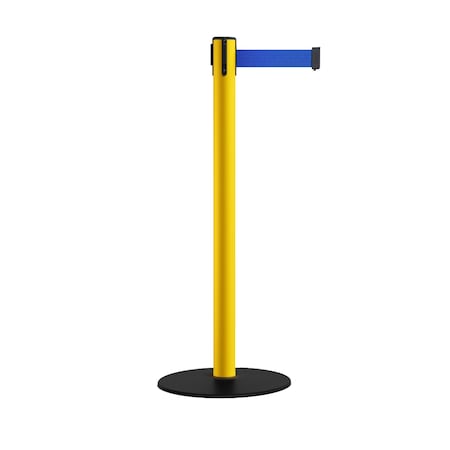 Montour Line Retractable Belt Stanchion, Low Base, 2.5in Yellow Post 9ft Blue Belt MSX630-YW-BL-90